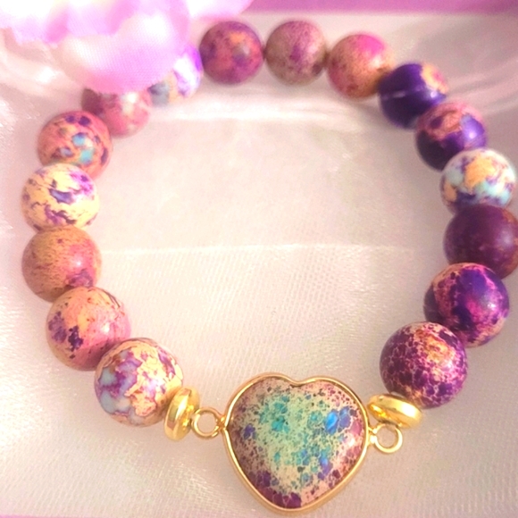 Bracelet Purple Heart Bracelet Jasper Beaded Bracelet Christmas Gift Ready - Picture 1 of 8